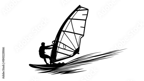 A person windsurfing on a board with a sail catching the wind on a sunny day outdoors