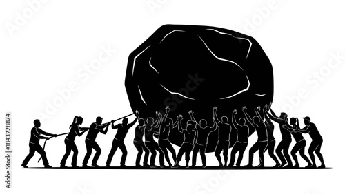 Group of people pushing a large boulder together in unity and cooperation