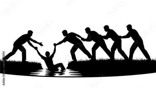 Group of people rescuing a person from water with a human chain on grassy terrain