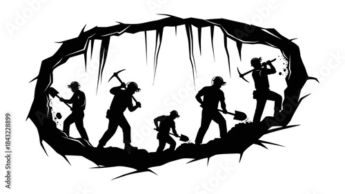Silhouetted figures exploring a cave with pickaxes and tools