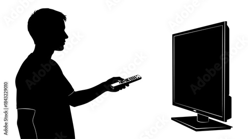 Man controlling television with remote control in a modern living room setting viewed from the side