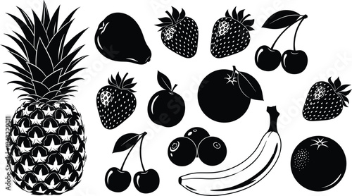 Fruit silhouette vector set featuring pineapple, banana, strawberry, cherry, orange, pear, peach, and blueberry for healthy food design elements