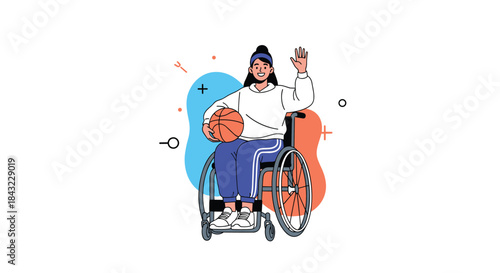 A happy young woman in a wheelchair holding a basketball and waving, representing inclusivity and adaptive sports.