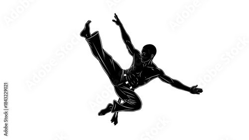 Dancer in mid-air, captured from a low-angle viewpoint, showcasing dynamic movement and fluid motion in a monochrome illustration.