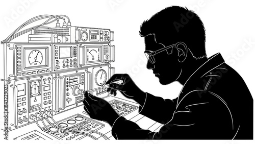 Man working on complex electronic equipment in a laboratory setting
