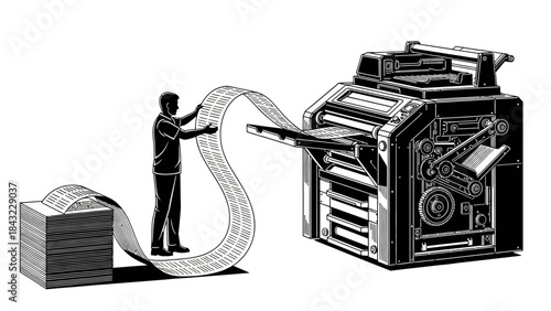 Man operating a large printing press machine with a long sheet of paper