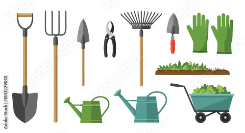 A complete set of essential gardening tools, including shovels, rake, gloves, watering cans, and a wheelbarrow, neatly arranged on a white background.