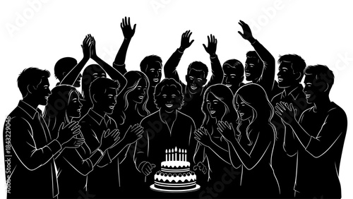 A crowd of people celebrating a birthday with cake in a festive atmosphere