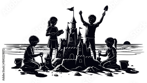 Children Building Sandcastle on Beach with Tools and Flags