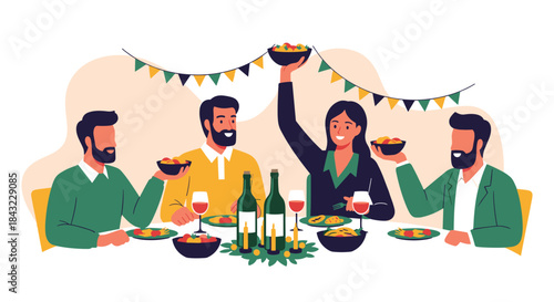 Four friends gather around a festive dinner table, raising bowls of food and wine glasses in a joyful celebration, surrounded by decorative bunting.