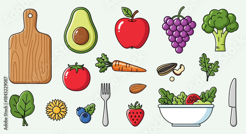 Healthy Food and Kitchen Utensils Illustration with Fruits and Vegetables.