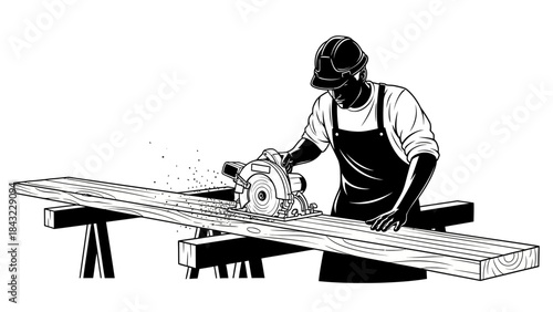 Carpenter cutting wood with circular saw on workbench