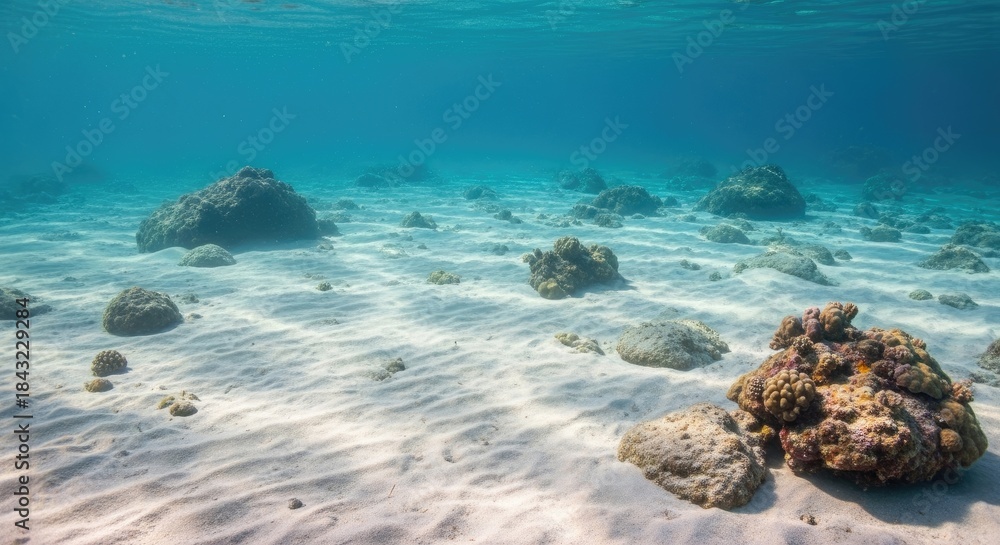 Fototapeta premium Underwater scene with sand, rocks, and coral in clear blue water.