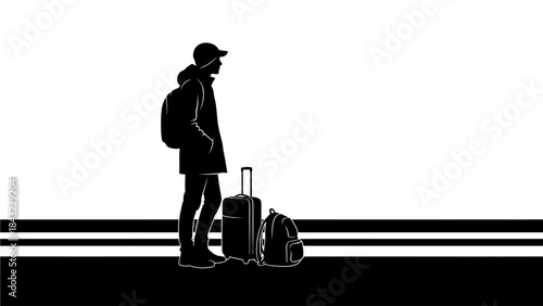 A lone traveler stands on a train platform with luggage and backpack, awaiting departure