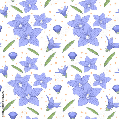 Seamless pattern of Platycodon flowers, cute floral design, pastel colors.
