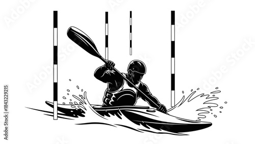 Kayaker navigating through slalom gates in a whitewater course with intense paddle strokes