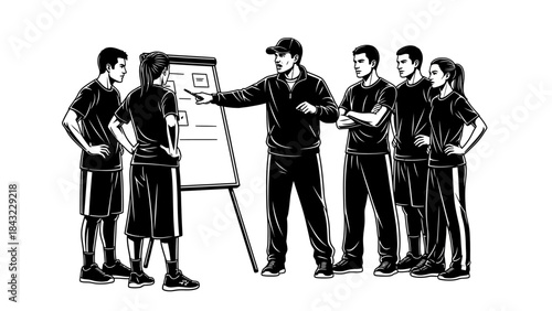 A coach explains a strategy to a team of athletes standing around a whiteboard