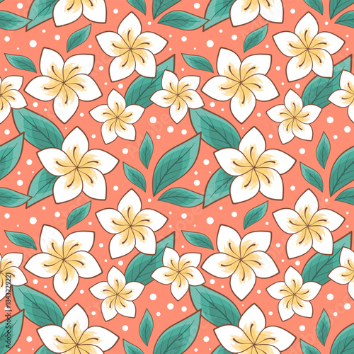 The seamless frangipani floral pattern evokes a bright and refreshing feeling, like being on a beach vacation.