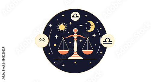 Astrological illustration of a balance scale symbolizing Libra, encircled by sun, moon, and stars on a dark sky, with various zodiac signs.