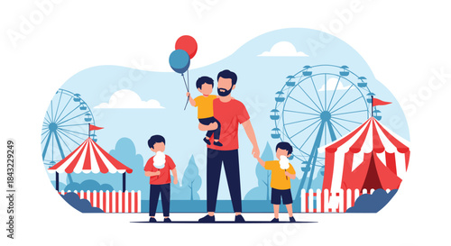 A happy father enjoys a fun day out at the amusement park with his three young sons, who are delighted with cotton candy and balloons.