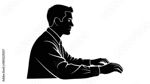 Man Working on Computer in Modern Office Environment from Side Viewpoint
