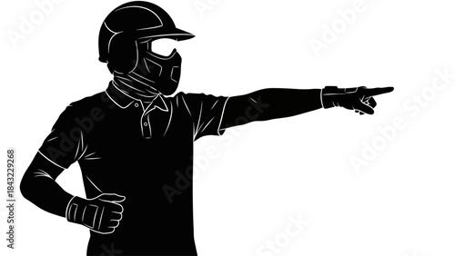 Motorcyclist pointing direction with protective gear on white background
