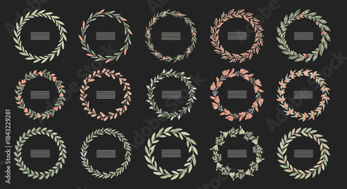 A collection of 15 hand-drawn watercolor leaf and floral wreaths in various green and pink tones, perfect for elegant botanical design elements.