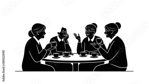 Four diverse women engaging in lively conversation around a coffee table, enjoying a relaxed social gathering with hot beverages in a monochrome illustration