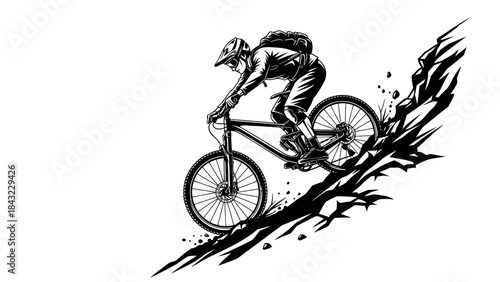 Dynamic black and white illustration of a mountain biker racing downhill on rugged terrain, capturing speed and adventure in extreme sports