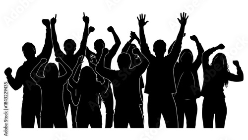 Diverse group of people celebrating with raised hands in the air, symbolizing joy and excitement at an event or concert