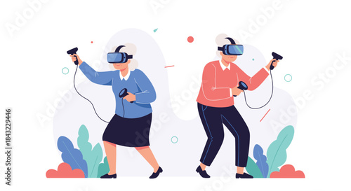 Two senior women enjoy an immersive virtual reality experience, actively playing games with VR headsets and controllers.