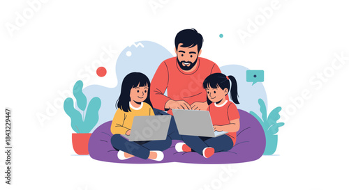 A father sits with his two young daughters, helping them learn and interact with laptops while sitting comfortably on beanbag chairs.