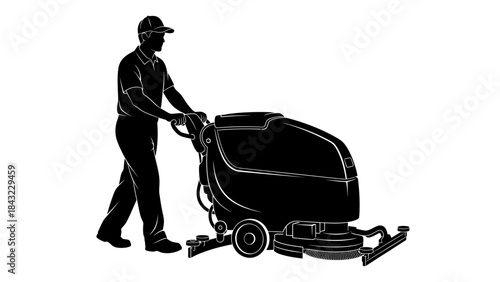 Silhouette of a person pushing a floor cleaning machine, representing hygiene and maintenance services