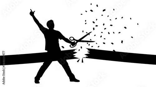 Silhouette of a person with scissors cutting a ribbon, symbolizing achievement and celebration