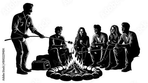 People sitting around a campfire roasting marshmallows and enjoying the outdoors