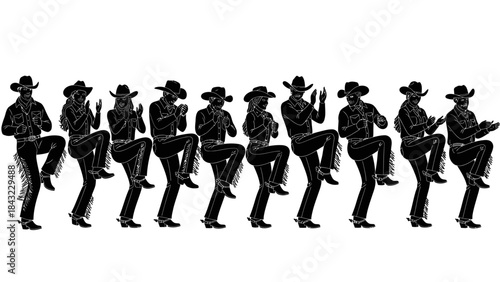 Graphic illustration of silhouetted cowboys performing a synchronized line dance, embodying Western culture and rhythmic movement