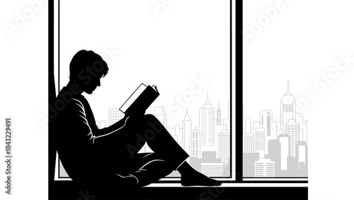 Silhouette of a young person reading a book against a window overlooking a cityscape
