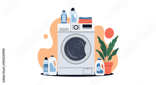 A clean and modern flat illustration of a front-loading washing machine, surrounded by laundry detergent bottles, folded clothes, and a potted plant.
