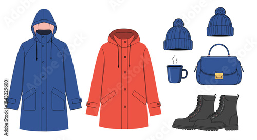 An illustration featuring a variety of winter and rainy season essentials like hooded coats, warm hats, a handbag, rugged boots, and a hot drink.