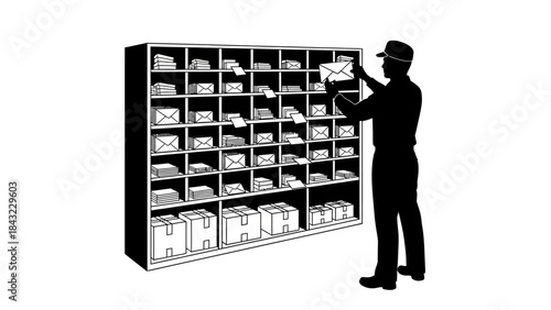 Postman Sorting Mail and Packages in a Mailroom with Rows of Mail Slots and Boxes