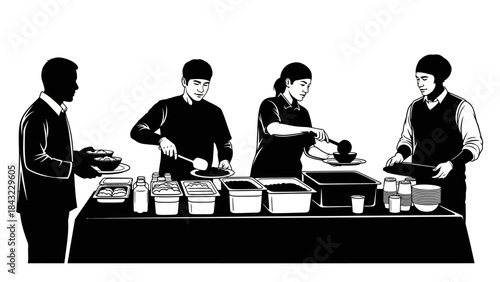 Dynamic illustration of a bustling food service buffet with professional staff serving patrons, highlighting seamless catering operations and meal distribution