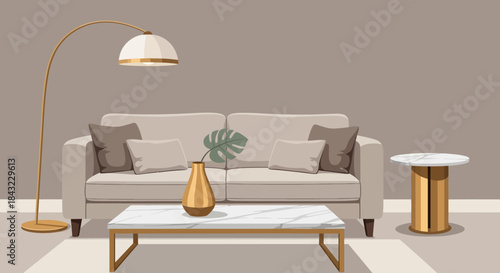 Living Room Interior with Sofa, Coffee Table, and Floor Lamp.