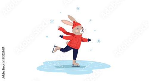 A smiling cartoon rabbit, wearing a red hat and scarf, enjoys ice skating on a frozen pond with falling snowflakes, depicting a charming winter scene.