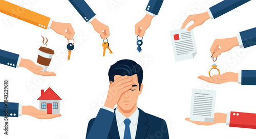 Overwhelmed man covering his face while surrounded by multiple hands offering life choices such as a house, keys, an engagement ring, and documents.