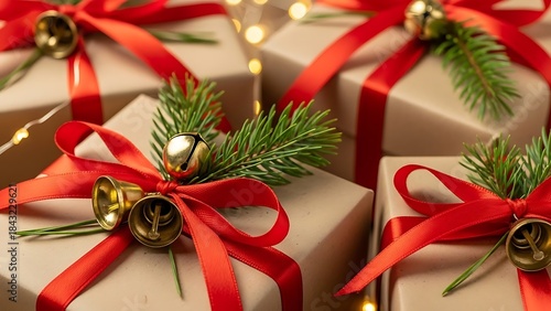 The Joy of Giving: Stock Photo of Traditional Holiday Presents, suitable for Corporate Year-End Announcements, Newsletter Templates, and Festive Magazine Layouts about Gifting and Shopping.