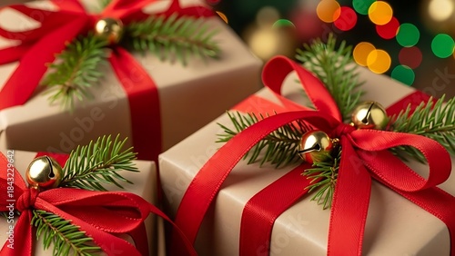 Rustic Christmas Presents Detail Shot: Beautifully Wrapped Boxes with Pine Needles and Sparkling Bokeh Lights, great for Blog Post Headers, Retail Sale Banners, and Social Media Marketing Campaigns.