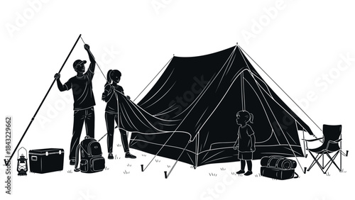 Family Teamwork Setting Up a Tent for an Outdoor Camping Adventure in a Stylish Silhouette Illustration