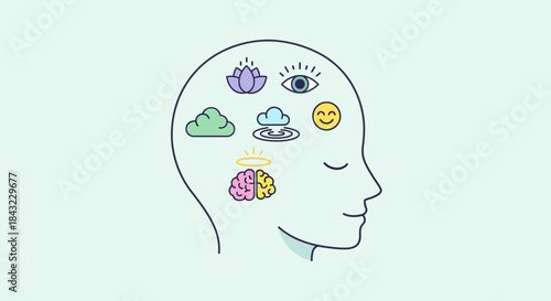 Mental Wellness and Mindfulness Concept with Head Silhouette and Icons.