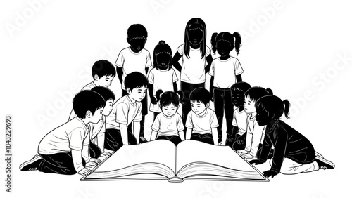 Diverse children and an adult gather around an open book, symbolizing shared learning, curiosity, and the joy of discovery in education