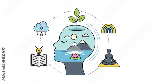 Mindfulness and Mental Wellness Illustration with Nature Elements and Meditating Figure.